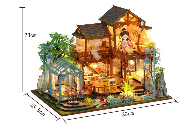 DIY Dollhouse Kit Ancient Japanese Garden Pavilion Style Dollhouse With Moonlight & Lotus Pond Japanese Miniature Dollhouse Holiday Crafts - Rajbharti Crafts