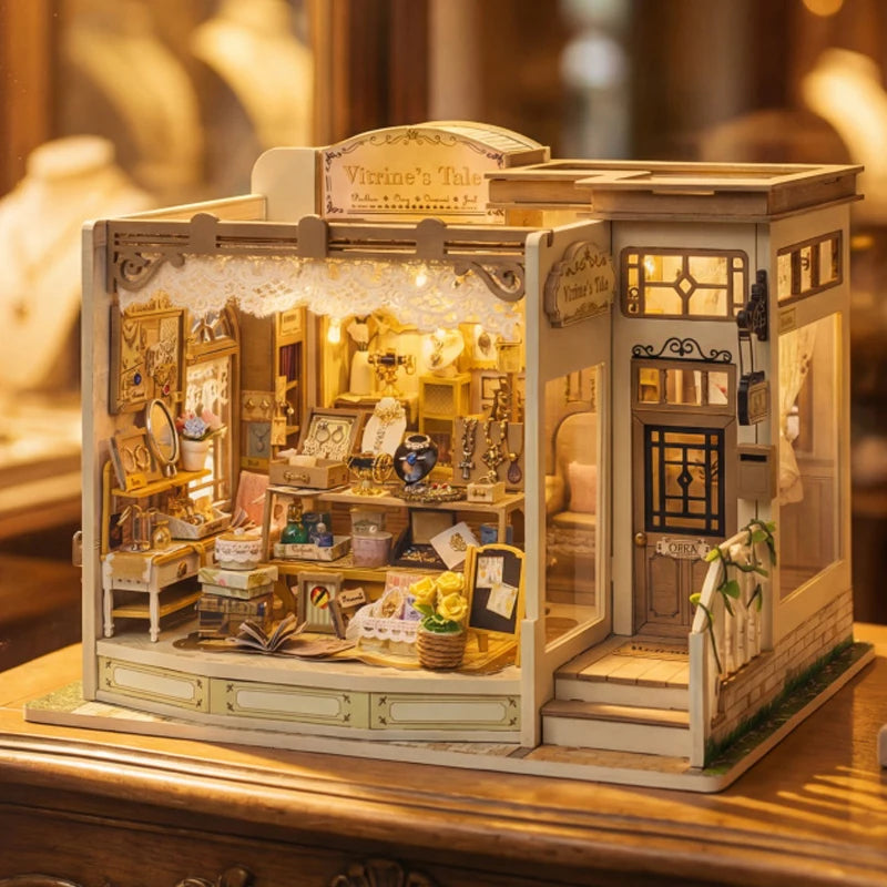 DIY Dollhouse Kit Vitrine's Tale Miniature Jewelry Shop Casa 3D Wooden Puzzles Miniature Diorama Scenery Adult Crafts