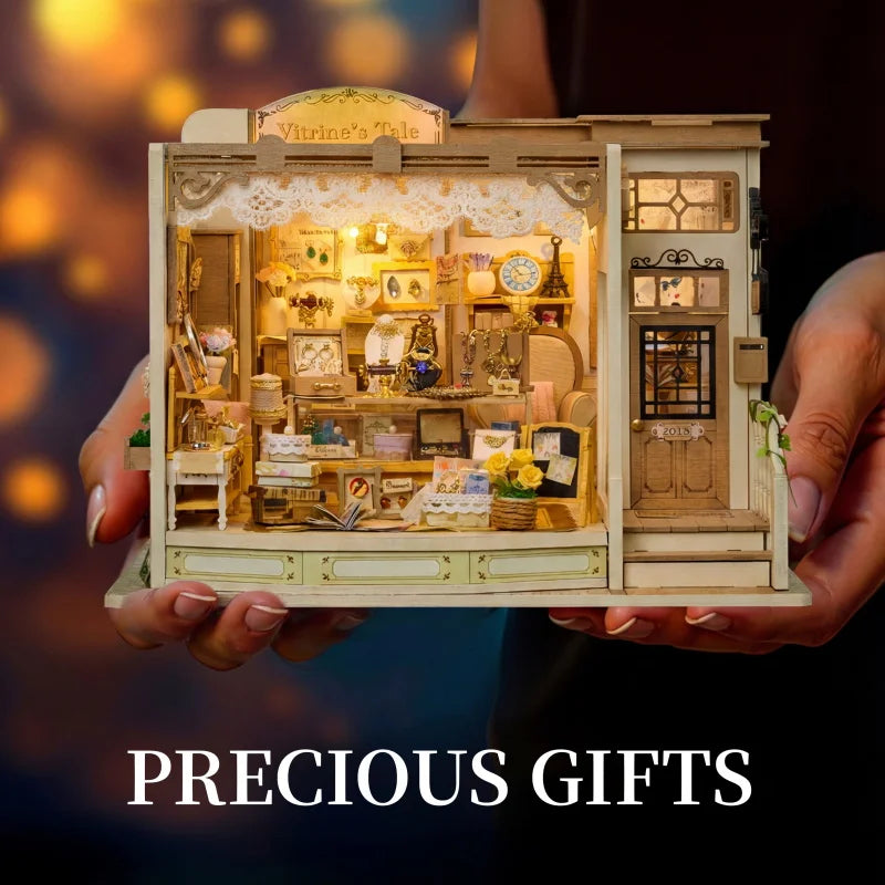 DIY Dollhouse Kit Vitrine's Tale Miniature Jewelry Shop Casa 3D Wooden Puzzles Miniature Diorama Scenery Adult Crafts