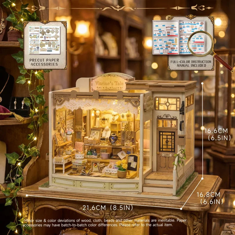 DIY Dollhouse Kit Vitrine's Tale Miniature Jewelry Shop Casa 3D Wooden Puzzles Miniature Diorama Scenery Adult Crafts