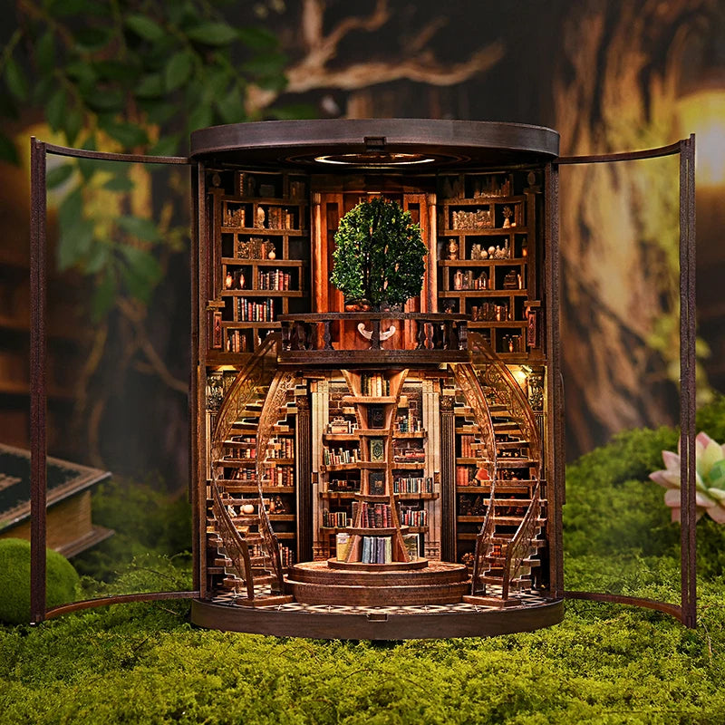 DIY Book Nook Kit Wisdom Ring Book Repository DIY Bookend Library Diorama Scenery Bookshelf Decor 3D Wooden Puzzles