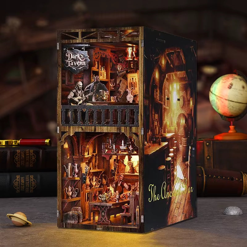 DIY Book Nook Kit Dark Tavern DIY Bookend Public House Diorama Scenery Bookshelf Decor 3D Wooden Puzzles