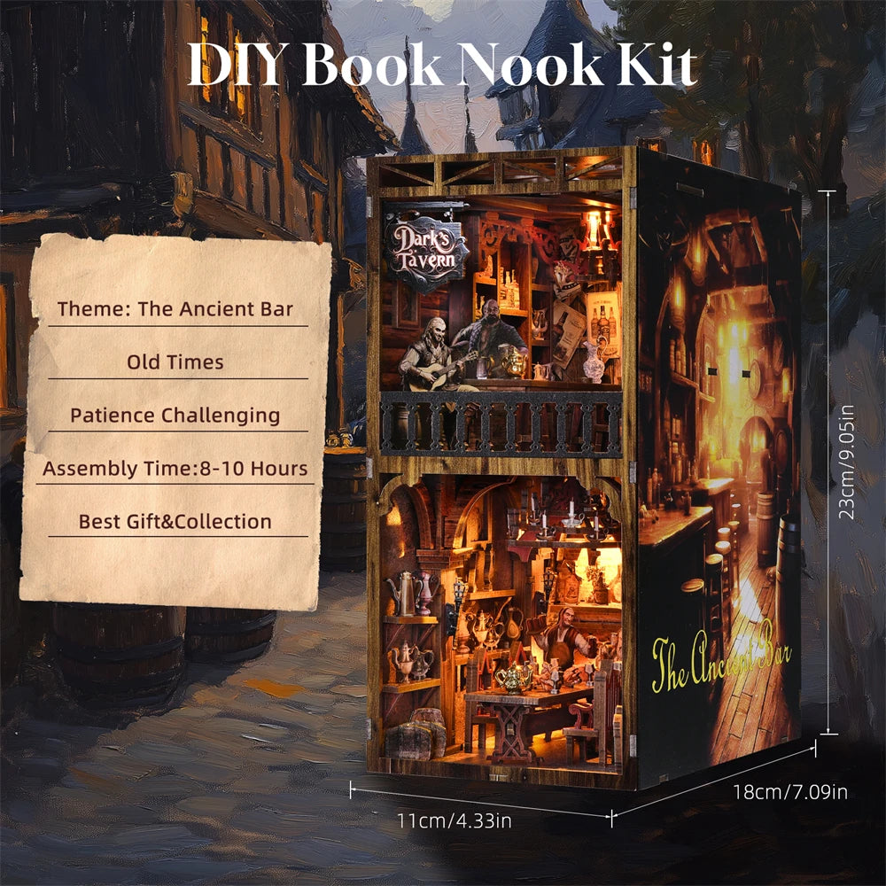 DIY Book Nook Kit Dark Tavern DIY Bookend Public House Diorama Scenery Bookshelf Decor 3D Wooden Puzzles