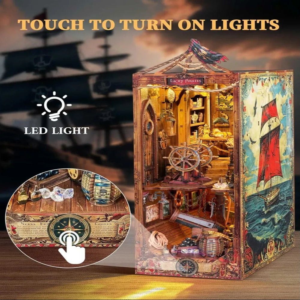 DIY Book Nook Kit Lucky Pirates DIY Bookend Corsair Diorama Scenery Bookshelf Decor 3D Wooden Puzzles