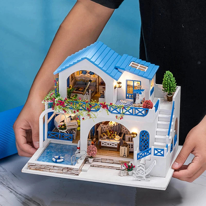 DIY Dollhouse Kit Blue Sea Villa Miniature House Casa 3D Wooden Puzzles Miniature Swimming Pool Diorama Scenery Adult Crafts