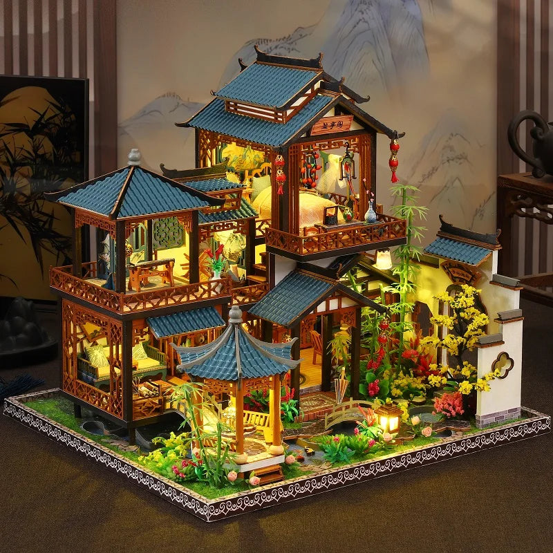 DIY Dollhouse Kit Lan Ting Pavilion Miniature House Casa 3D Wooden Puzzles Japanese Miniature Diorama Scenery Adult Crafts