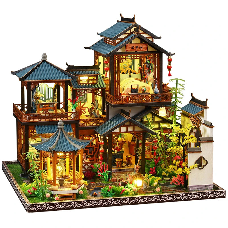 DIY Dollhouse Kit Lan Ting Pavilion Miniature House Casa 3D Wooden Puzzles Japanese Miniature Diorama Scenery Adult Crafts