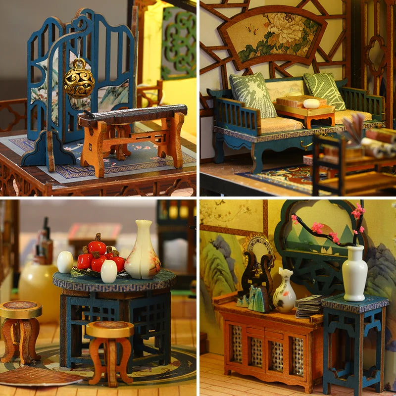 DIY Dollhouse Kit Lan Ting Pavilion Miniature House Casa 3D Wooden Puzzles Japanese Miniature Diorama Scenery Adult Crafts