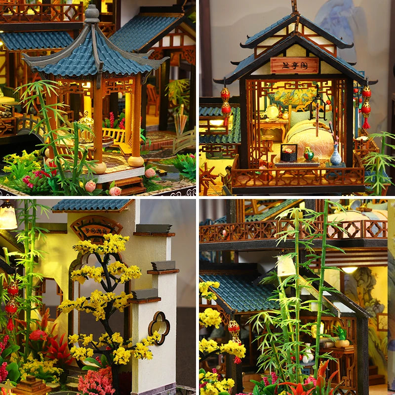 DIY Dollhouse Kit Lan Ting Pavilion Miniature House Casa 3D Wooden Puzzles Japanese Miniature Diorama Scenery Adult Crafts