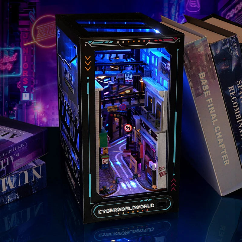 DIY Book Nook Kit Cyber World DIY Bookend Cyberpunk Alley Diorama Scenery Bookshelf Decor 3D Wooden Puzzles