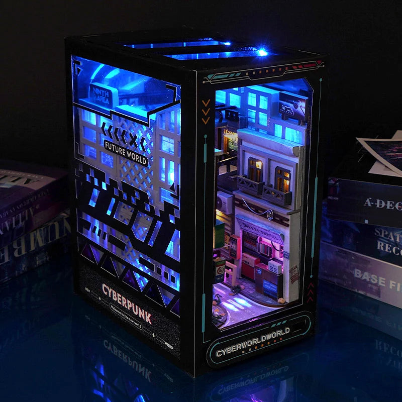 DIY Book Nook Kit Cyber World DIY Bookend Cyberpunk Alley Diorama Scenery Bookshelf Decor 3D Wooden Puzzles