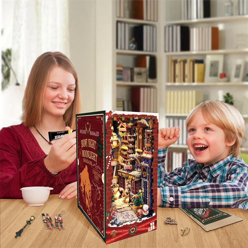 DIY Book Nook Kit Christmas Alley DIY Bookend Snowy Moonlight Diorama Scenery Bookshelf Decor 3D Wooden Puzzles