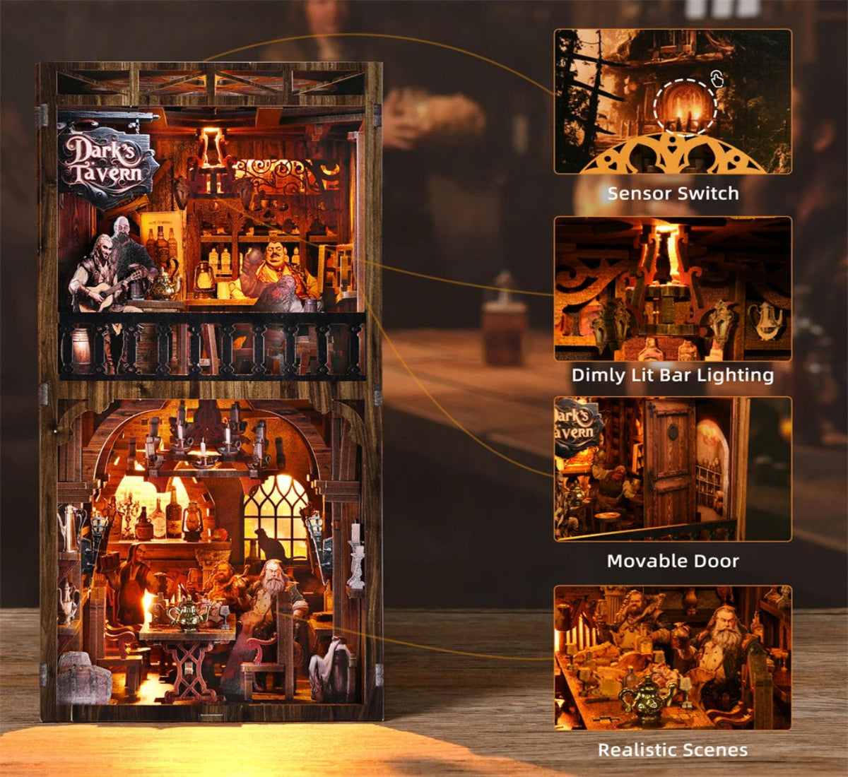 DIY Book Nook Kit Dark Tavern DIY Bookend Public House Diorama Scenery Bookshelf Decor 3D Wooden Puzzles