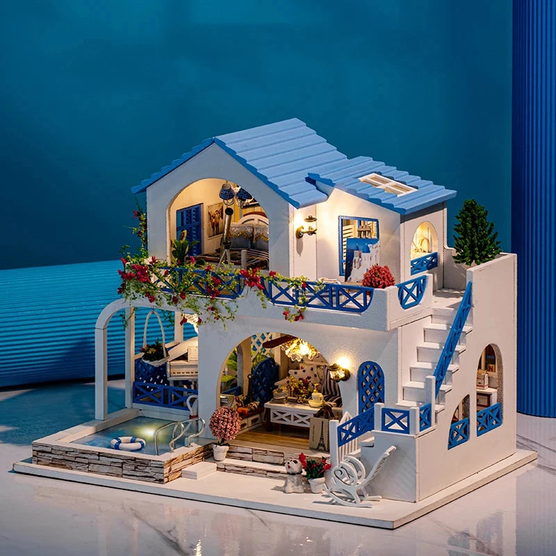 DIY Dollhouse Kit Blue Sea Villa Miniature House Casa 3D Wooden Puzzles Miniature Swimming Pool Diorama Scenery Adult Crafts