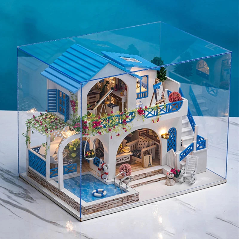 DIY Dollhouse Kit Blue Sea Villa Miniature House Casa 3D Wooden Puzzles Miniature Swimming Pool Diorama Scenery Adult Crafts