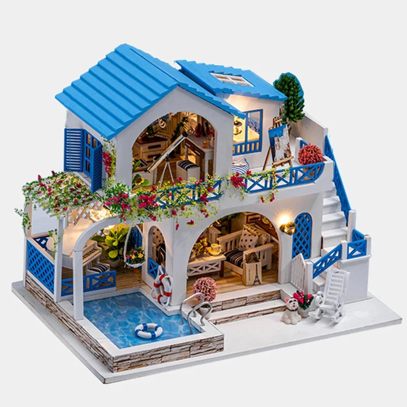 DIY Dollhouse Kit Blue Sea Villa Miniature House Casa 3D Wooden Puzzles Miniature Swimming Pool Diorama Scenery Adult Crafts