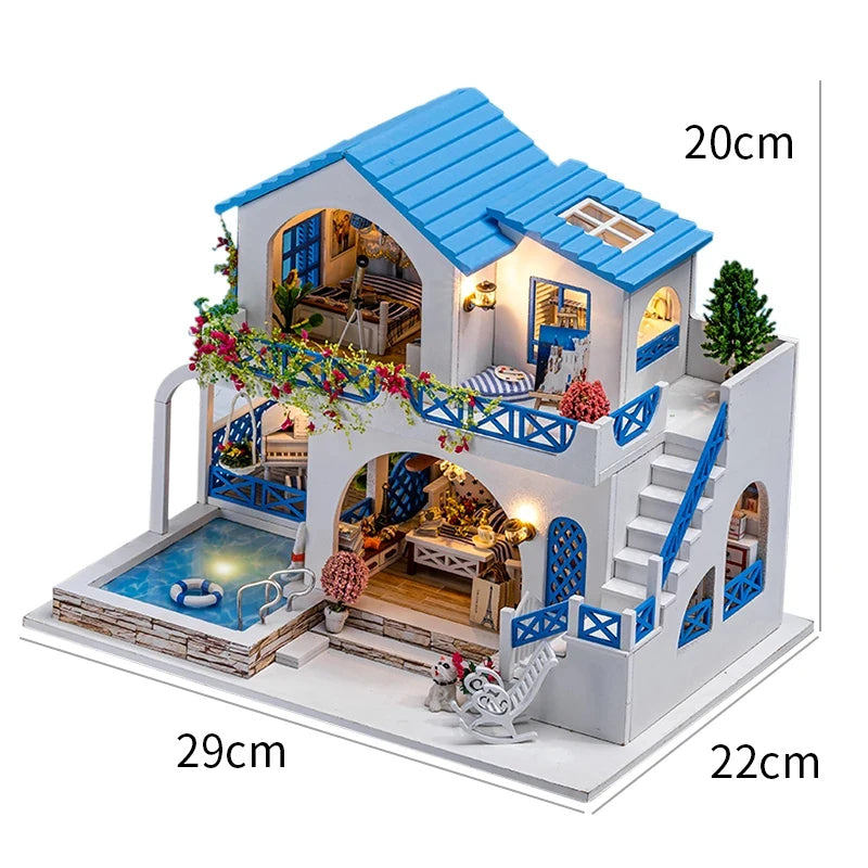 DIY Dollhouse Kit Blue Sea Villa Miniature House Casa 3D Wooden Puzzles Miniature Swimming Pool Diorama Scenery Adult Crafts