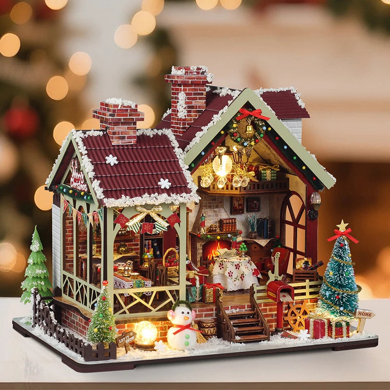 DIY Dollhouse Kit Christmas Lodge Miniature House Christmas Decor Gifts 3D Wooden Puzzles