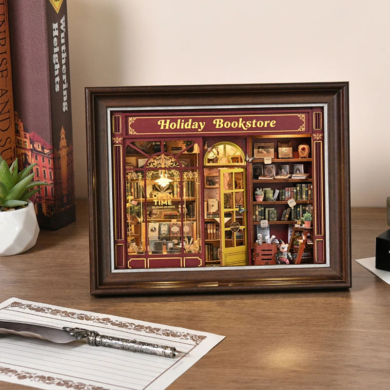DIY Dollhouse Kit Holiday Bookstore 3D Miniature Frame Wooden Puzzles Wall Decor Doll House Craft Kits