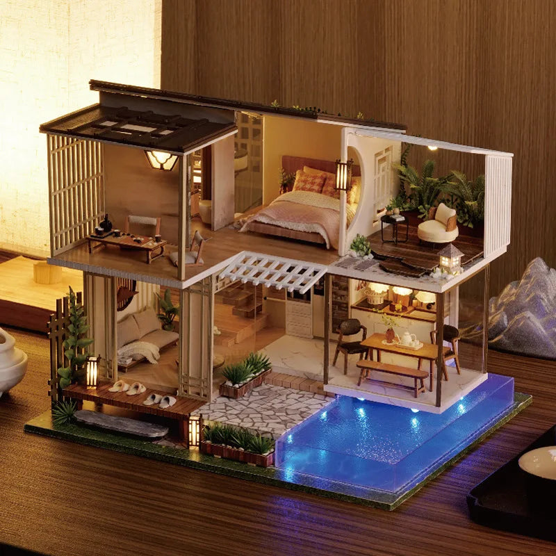 DIY Dollhouse Kit Modern Loft Casa Miniature House With Swimming Pool 3D Wooden Puzzles Diorama Scenery Craft Kits