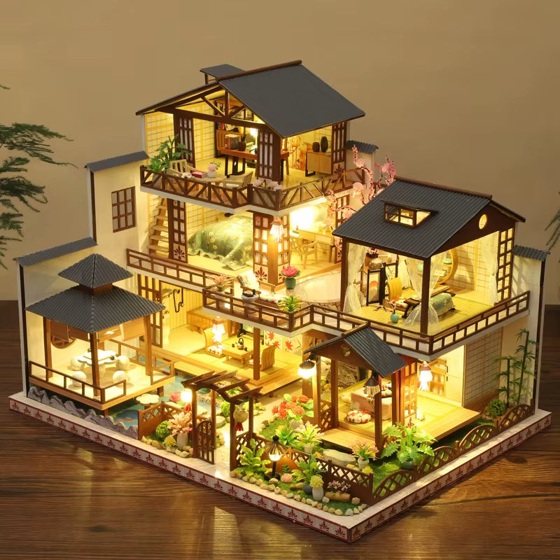 DIY Dollhouse Kit Zen Miniature House 3D Wooden Puzzles Ancient Japanese Style Doll House Craft Kits
