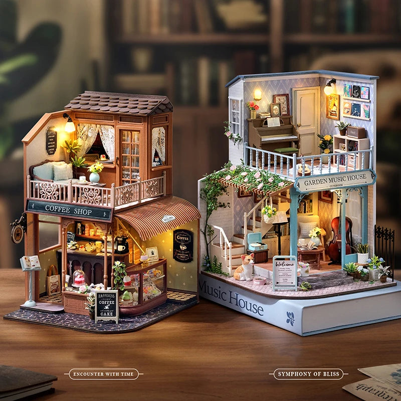 DIY Dollhouse Kit Coffee Shop Casa Miniature House Garden Music House 3D Wooden Puzzles Diorama Scenery Craft Kits