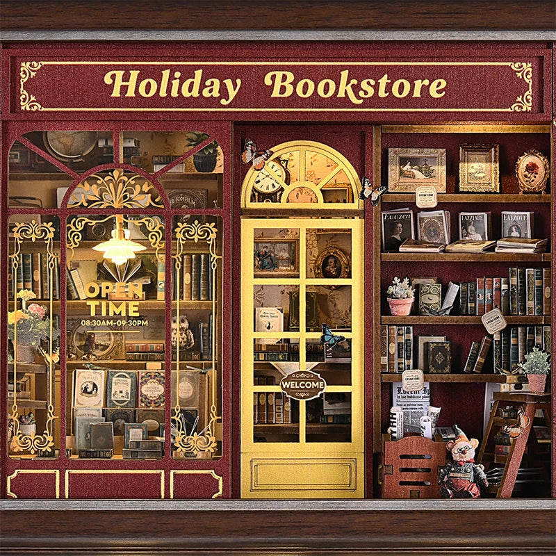 DIY Dollhouse Kit Holiday Bookstore 3D Miniature Frame Wooden Puzzles Wall Decor Doll House Craft Kits
