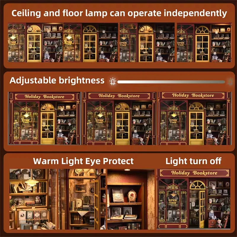 DIY Dollhouse Kit Holiday Bookstore 3D Miniature Frame Wooden Puzzles Wall Decor Doll House Craft Kits