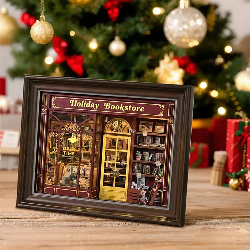 DIY Dollhouse Kit Holiday Bookstore 3D Miniature Frame Wooden Puzzles Wall Decor Doll House Craft Kits