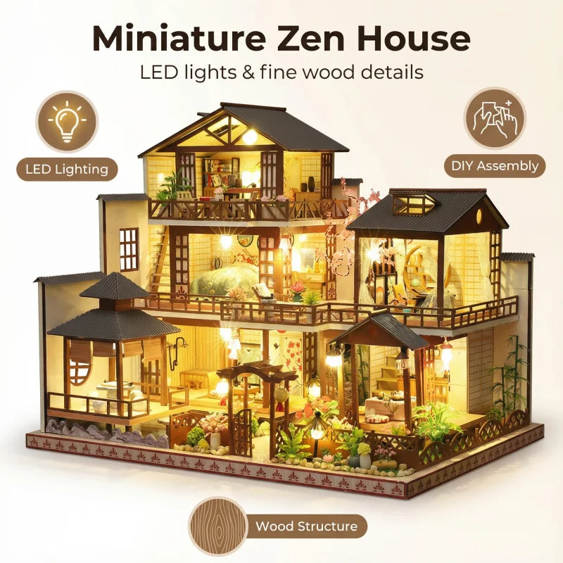 DIY Dollhouse Kit Zen Miniature House 3D Wooden Puzzles Ancient Japanese Style Doll House Craft Kits