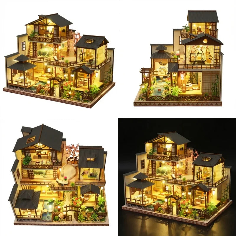 DIY Dollhouse Kit Zen Miniature House 3D Wooden Puzzles Ancient Japanese Style Doll House Craft Kits
