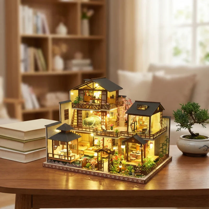 DIY Dollhouse Kit Zen Miniature House 3D Wooden Puzzles Ancient Japanese Style Doll House Craft Kits