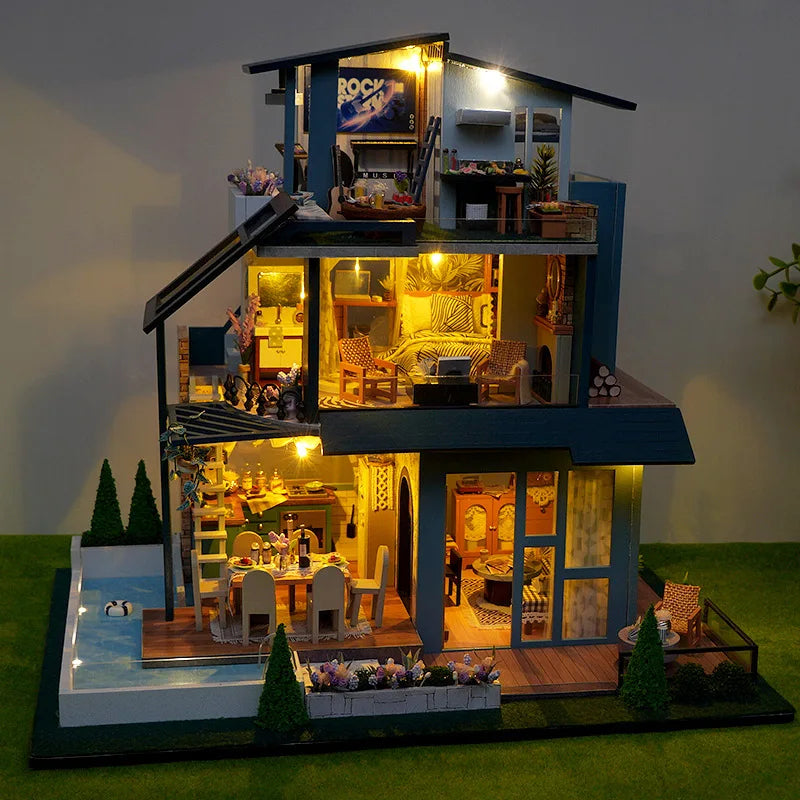 DIY Dollhouse Kit Sunshine Forest Villa Miniature House With Swimming Pool 3D Wooden Puzzles Diorama Scenery Casa Craft Kits
