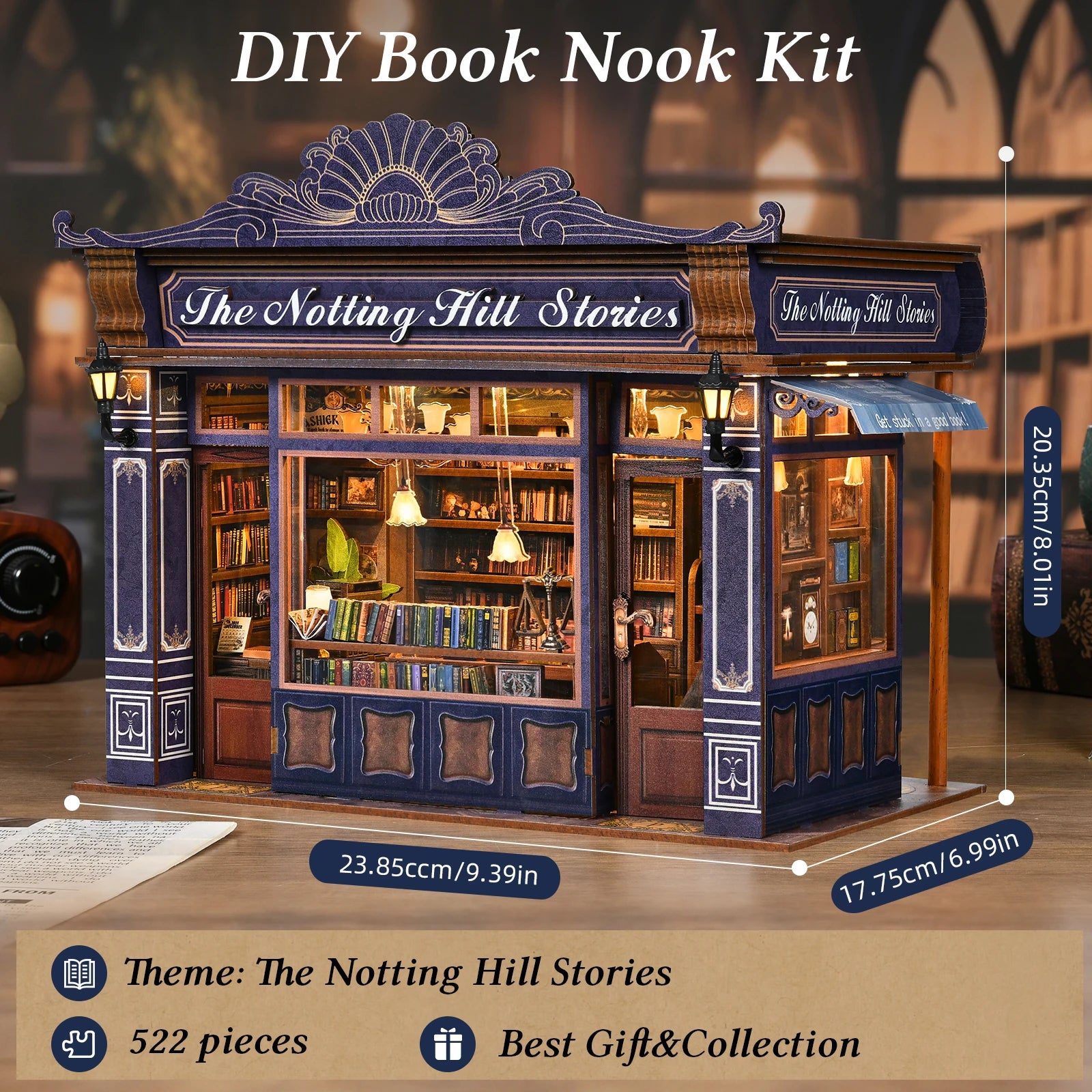DIY Dollhouse Kit Notting Hill Bookstore Miniature Casa Dollhouse 3D Wooden Puzzles Library Diorama Scenery