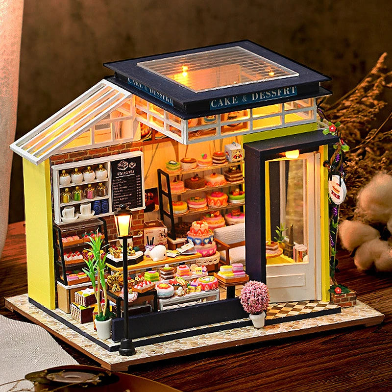 DIY Dollhouse Kit Cake & Desserts Miniature Casa Dollhouse 3D Wooden Puzzles Bakery Diorama Scenery