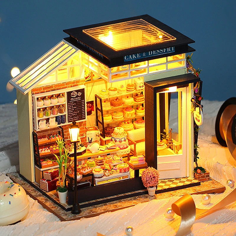 DIY Dollhouse Kit Cake & Desserts Miniature Casa Dollhouse 3D Wooden Puzzles Bakery Diorama Scenery