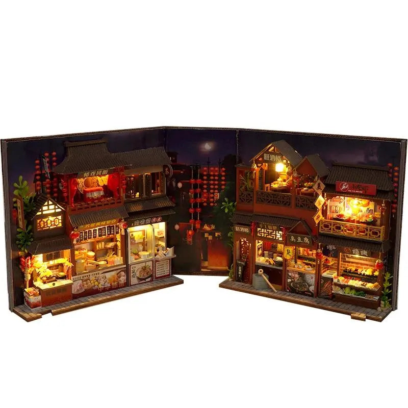 DIY Book Nook Kit Chinese Food Street Alley DIY Bookend Diorama Scenery 3D Puzzles Bookshelf Decor