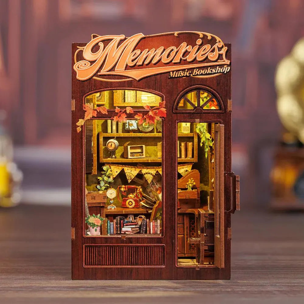 DIY Book Nook Kit Miniature Memories Music Shop DIY Bookend Diorama Scenery Music Studio Bookshelf Decor