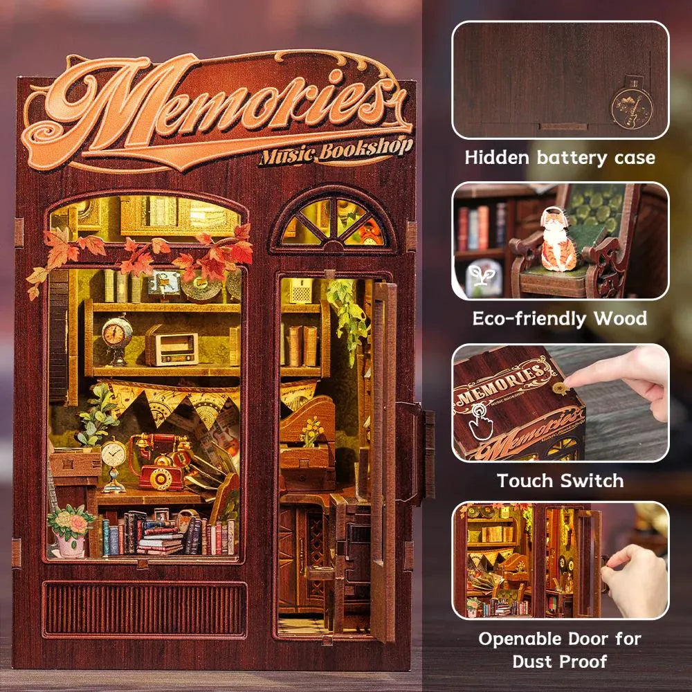 DIY Book Nook Kit Miniature Memories Music Shop DIY Bookend Diorama Scenery Music Studio Bookshelf Decor