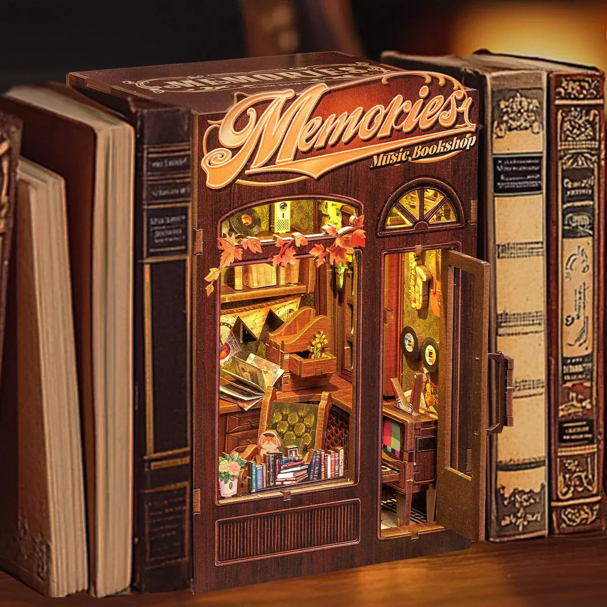 DIY Book Nook Kit Miniature Memories Music Shop DIY Bookend Diorama Scenery Music Studio Bookshelf Decor