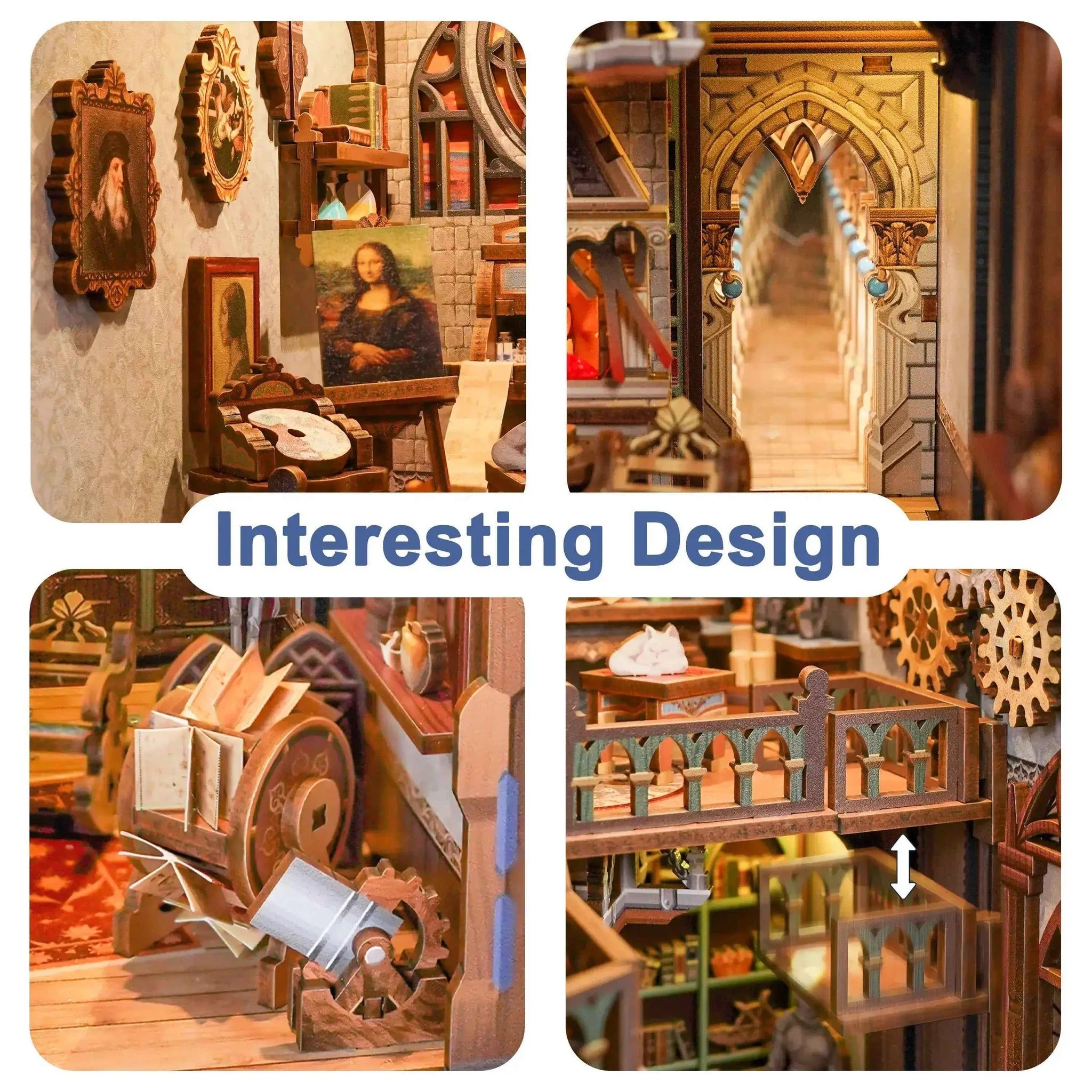 DIY Book Nook Kit Leonardo Da Vinci Bookshelf Insert Monalisa DIY Bookend Diorama Scenery Bookshelf Decor