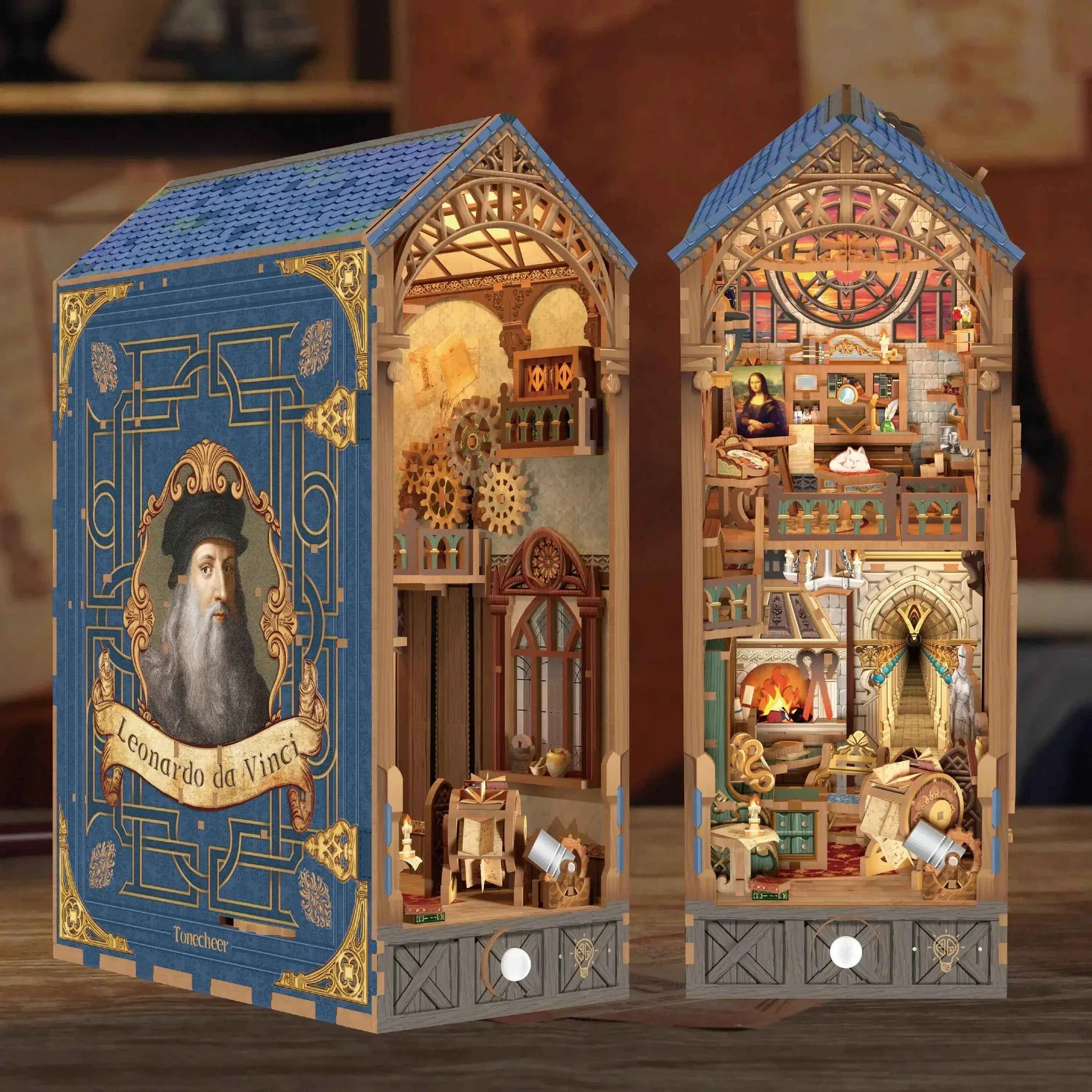 DIY Book Nook Kit Leonardo Da Vinci Bookshelf Insert Monalisa DIY Bookend Diorama Scenery Bookshelf Decor