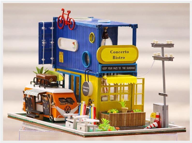 Container Villa - Concert Bistro - Sweet Summer Home With Tempo Out Restaurant Car DIY Dollhouse Kit Dollhouse Miniature Kit Adult Craft - Rajbharti Crafts