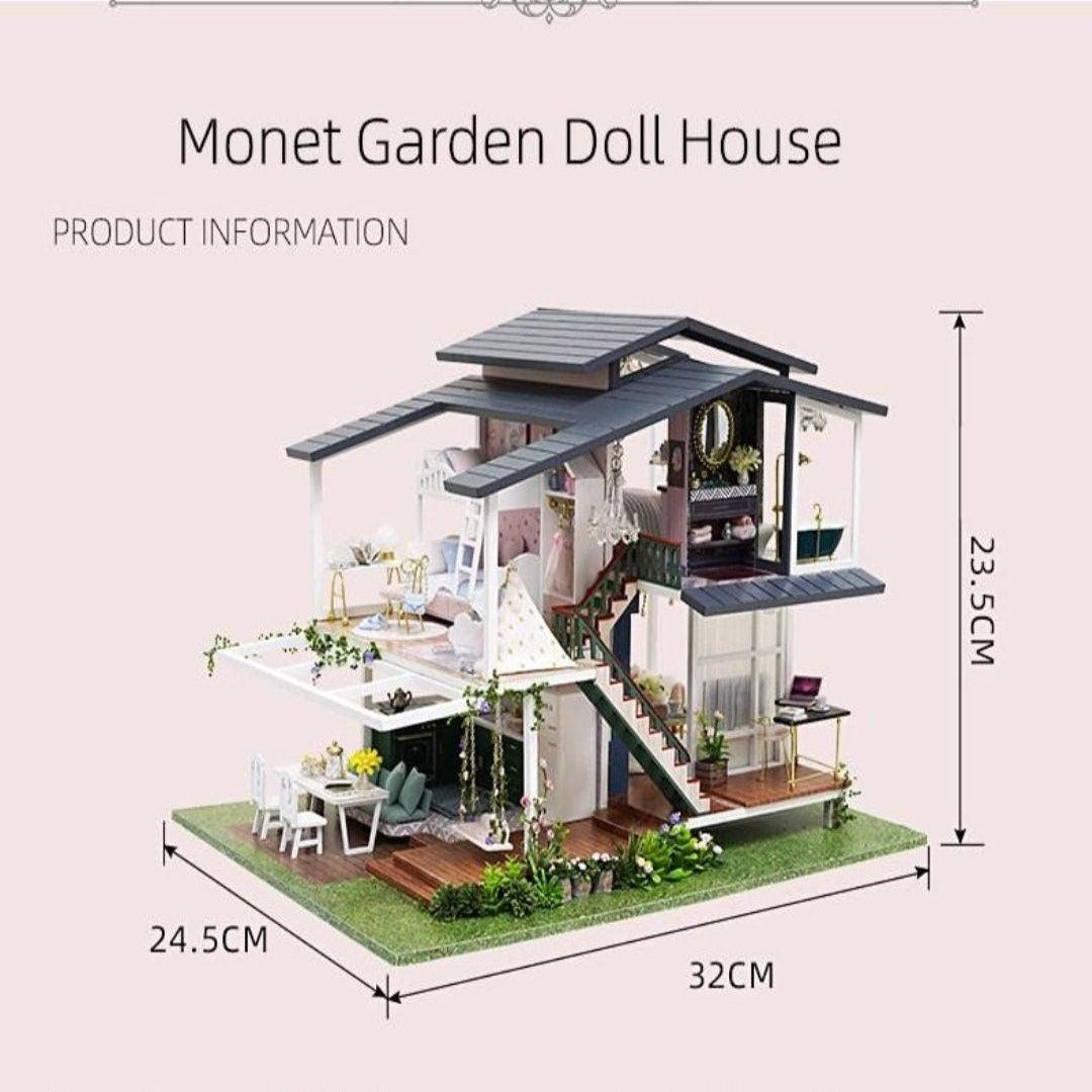 Monets Garden Dollhouse Miniature With Furniture - Two Story Modern Villa DIY Dollhouse Kit - Creative Room Idea (Dust Cover Available) - Rajbharti Crafts