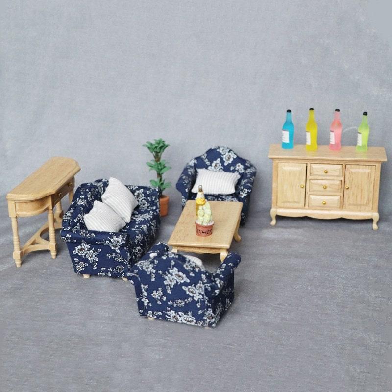 1:12 Scale - Dollhouse Furniture 6 Psc Cushion Sofa Set with Psc Large Sofa 2 Chairs And 3 Psc Wooden Furniture - Dollhouse Living Furniture - Rajbharti Crafts