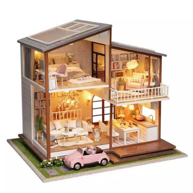 Modern Dollhouse Miniature with Furniture European Style DIY Dollhouse Kit With Free Dust Proof And Toy Car Creative Room Large Dollhouse - Rajbharti Crafts