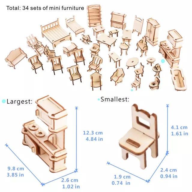1:24 Scale - Dollhouse Furniture 34 Psc Set with Living Room, Kitchen, Bedroom and Bathroom Furniture Miniature Set - Dollhouse Furniture - Rajbharti Crafts