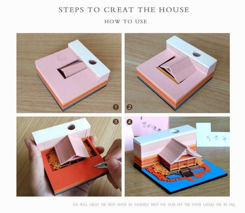 Dreamy Cottage Miniature 3D Note Pad - Creative Memo Pad - 3D Omoshiroi Block - DIY Paper Craft - Stationery Toys With LED - Gifts - Rajbharti Crafts