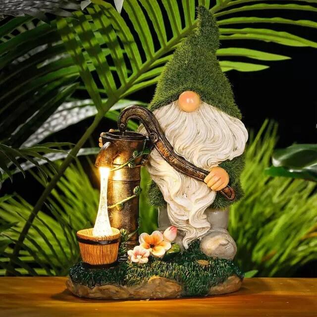 Garden Gnome Statue - Garden Dwarfs Statue Resin Gnome Figurine Outdoor Gnome With Water Pumping Solar Lights for Outdoor Home Yard Decor - Rajbharti Crafts