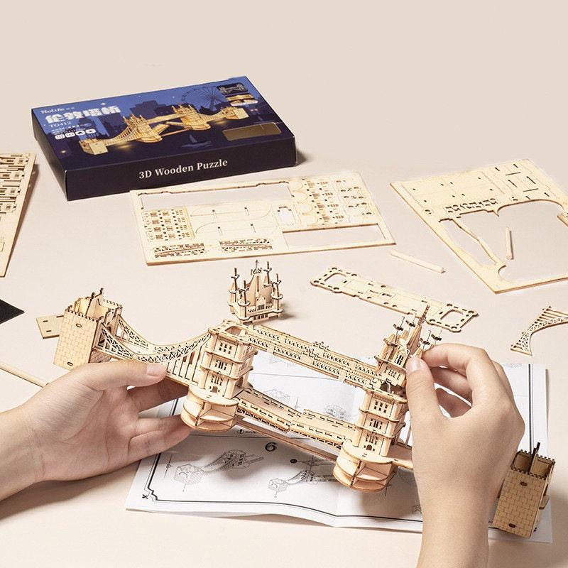 DIY 3D Wooden Puzzle - Big Ben London - Tower Bridge London Miniature Wooden Puzzles - London Bridge & Tower With LED - Wooden Building Kit - Rajbharti Crafts